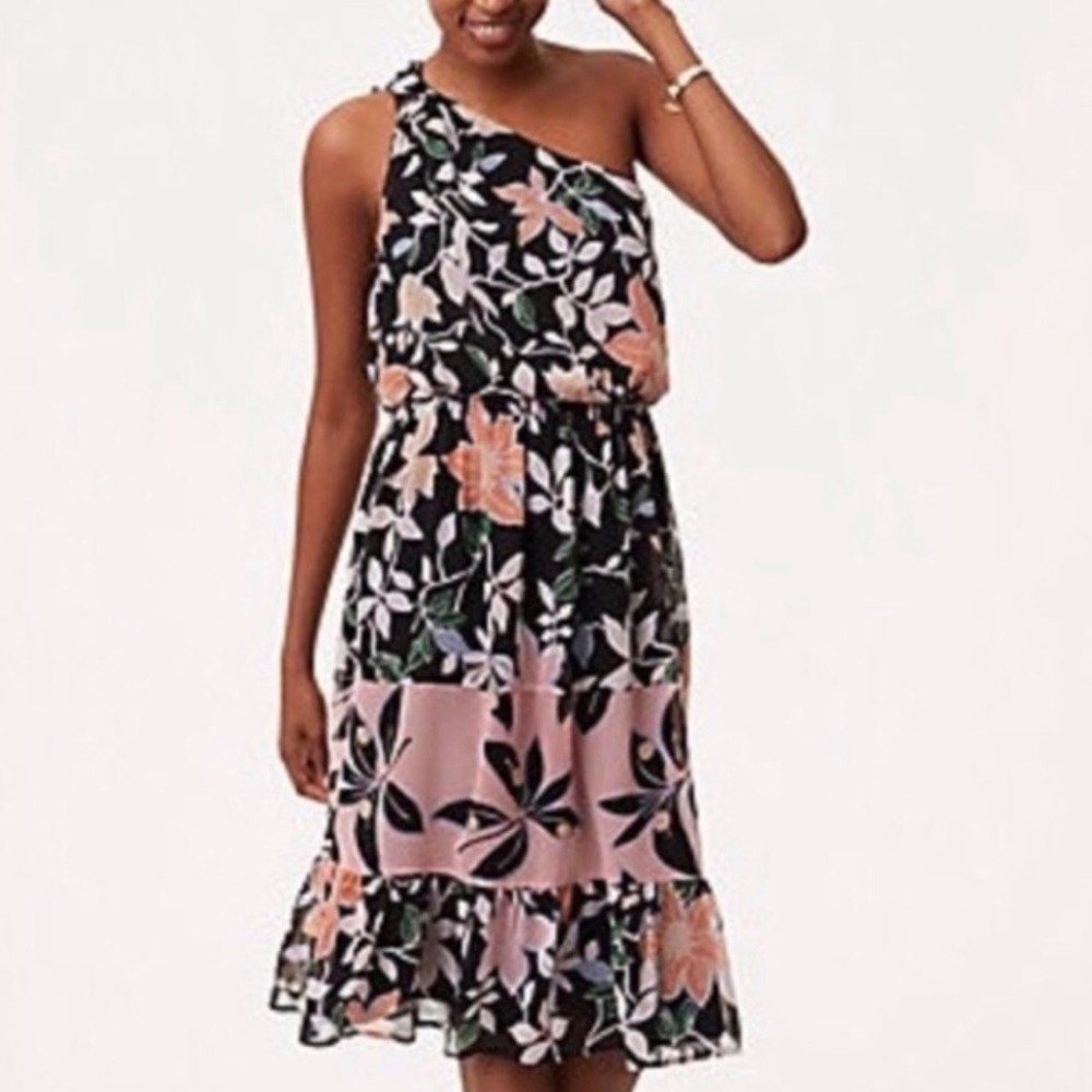 🆕 LOFT Black & Soft Pink Print Midi-Dress with Underlining. NWT